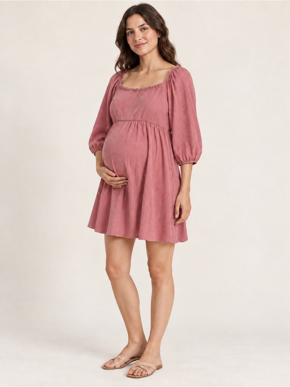 Women’s Maternity Square-Neck Ribbed Dress in Dusty Rose